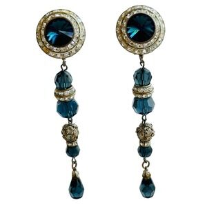 VTG Jeweled Rivoli Earrings Statement Clip crystal rhinestone‎ long dangle 4.25"